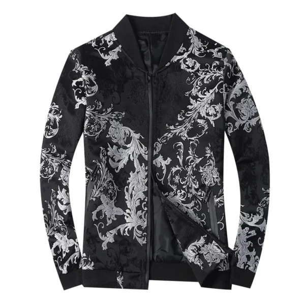 ⁦Fashion Mens Floral Embroidery Bomber Jacket Casual Slim Fit Streetwear Coat Stand Collar Spring Vintage Jacket Plus Size 5XL⁩ - الصورة ⁦6⁩