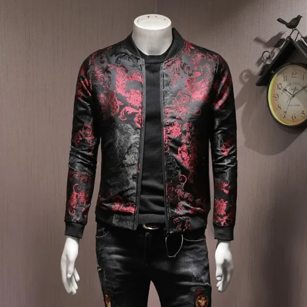 ⁦Fashion Mens Floral Embroidery Bomber Jacket Casual Slim Fit Streetwear Coat Stand Collar Spring Vintage Jacket Plus Size 5XL⁩ - الصورة ⁦2⁩