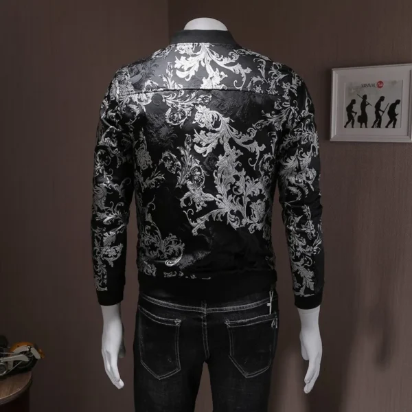 ⁦Fashion Mens Floral Embroidery Bomber Jacket Casual Slim Fit Streetwear Coat Stand Collar Spring Vintage Jacket Plus Size 5XL⁩ - الصورة ⁦5⁩