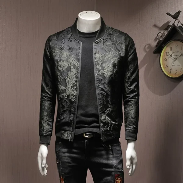 ⁦Fashion Mens Floral Embroidery Bomber Jacket Casual Slim Fit Streetwear Coat Stand Collar Spring Vintage Jacket Plus Size 5XL⁩ - الصورة ⁦3⁩