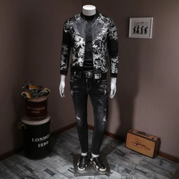 ⁦Fashion Mens Floral Embroidery Bomber Jacket Casual Slim Fit Streetwear Coat Stand Collar Spring Vintage Jacket Plus Size 5XL⁩ - الصورة ⁦4⁩
