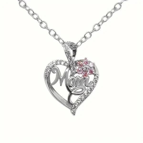 ⁦Fashion 1pc Sparkling Rhinestone Decor Flower MOM Heart Pendant Necklace, Mother's Day Gift Birthday Gift Anniversary Party Gift⁩ - الصورة ⁦2⁩