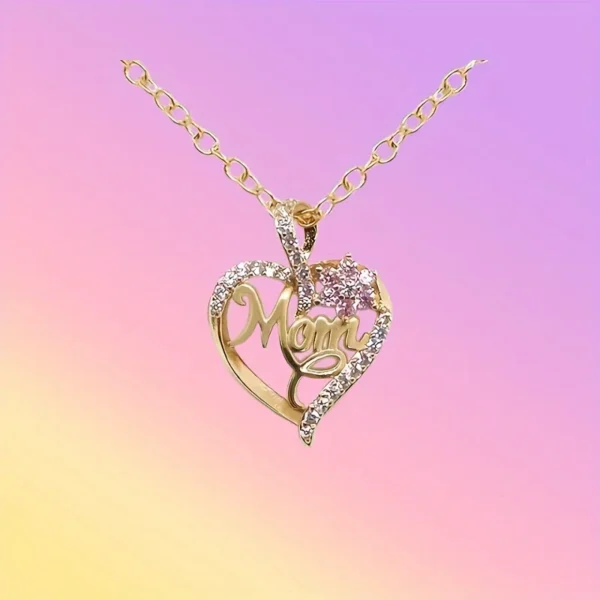 ⁦Fashion 1pc Sparkling Rhinestone Decor Flower MOM Heart Pendant Necklace, Mother's Day Gift Birthday Gift Anniversary Party Gift⁩ - الصورة ⁦5⁩